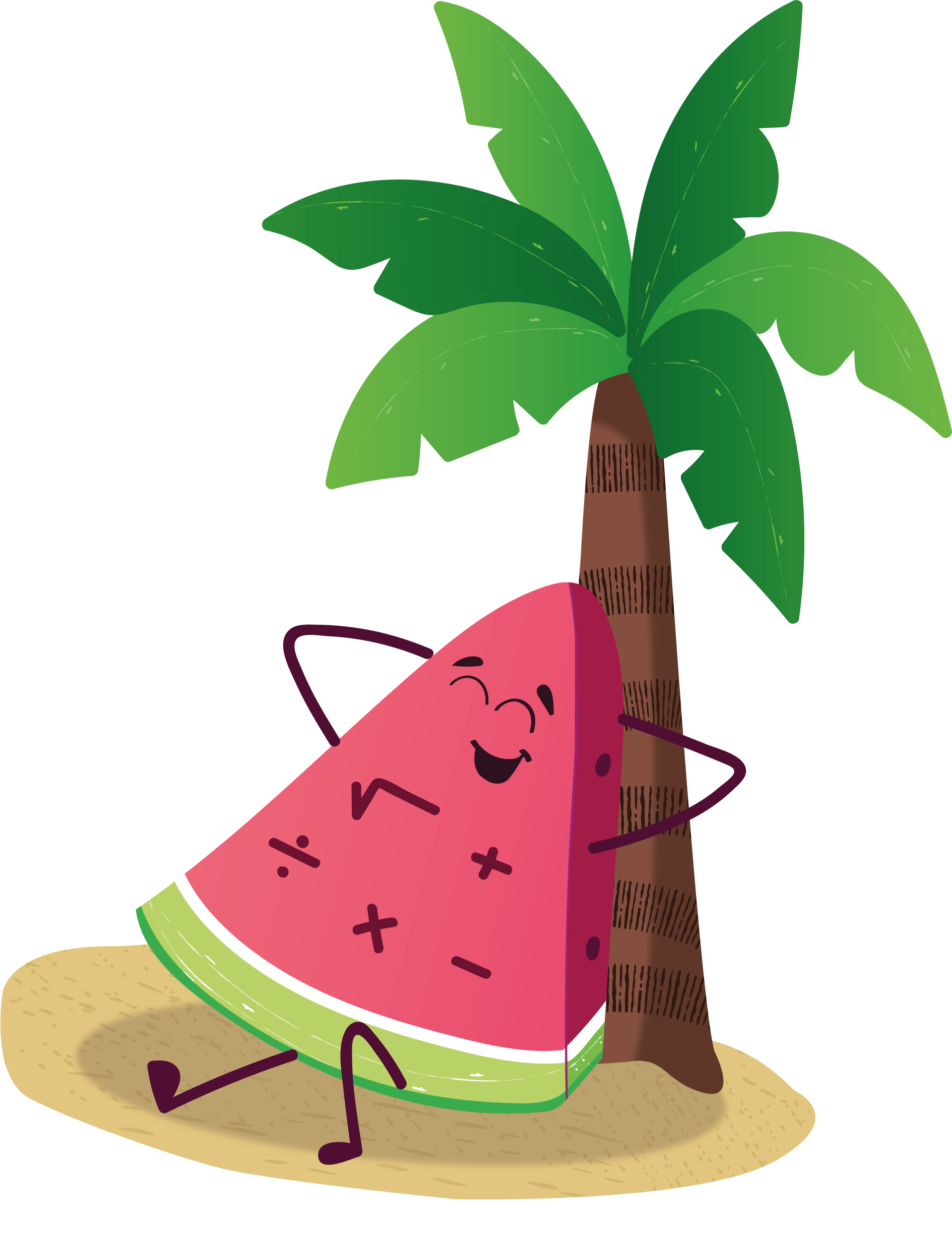 Watermelon Character relaxing by a palm tree.