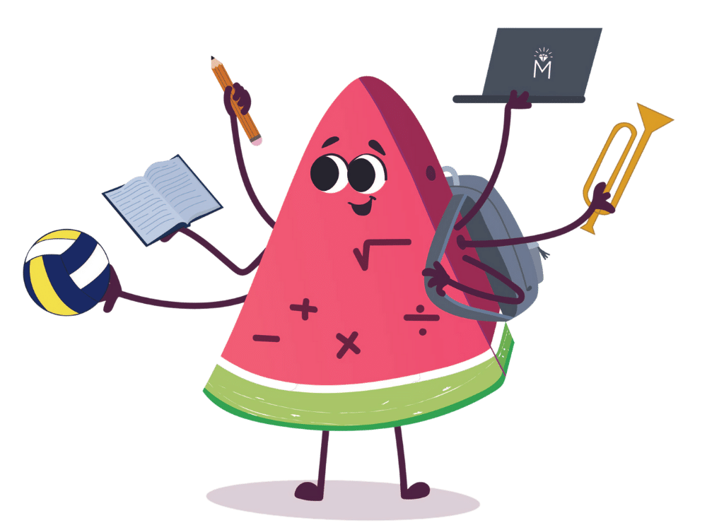 An illustrated slice of watermelon decorated with mathematics symbols has 6 arms holding a volleyball, book, pencil, laptop, and a trumpet with one arm on it's backpack.