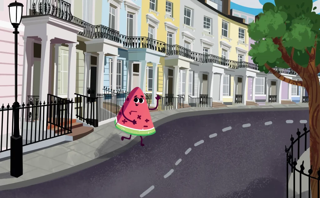 Illustration of the Watermelon Math character walking down a London street.